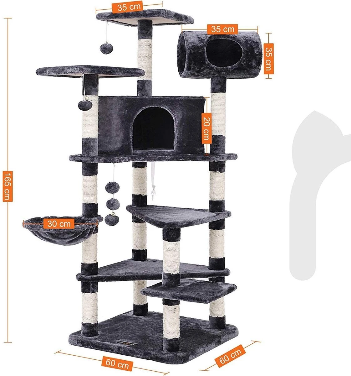 XXL Luxe Katten Krappaal Met Hangmat & Kattenhuisjes - Activity Center - Grote Krappaal Klimpaal - 165 CM Hoog - Grijs/Zwart 3 XXL Luxe Katten Krappaal Met Hangmat & Kattenhuisjes - Activity Center - Grote Krappaal Klimpaal - 165 CM Hoog - Grijs/Zwart - Afbeelding 3