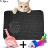 TEBJEN Kattenbakmat – Kattenbak Mat Grit Opvanger - Schoonloop Katten Mat – Dubbele Waterdichte Laag – Uitloopmat Kattenbak – Kattenbak Accessoires - Met Speelgoedmuisje En Schepje - 40x50cm