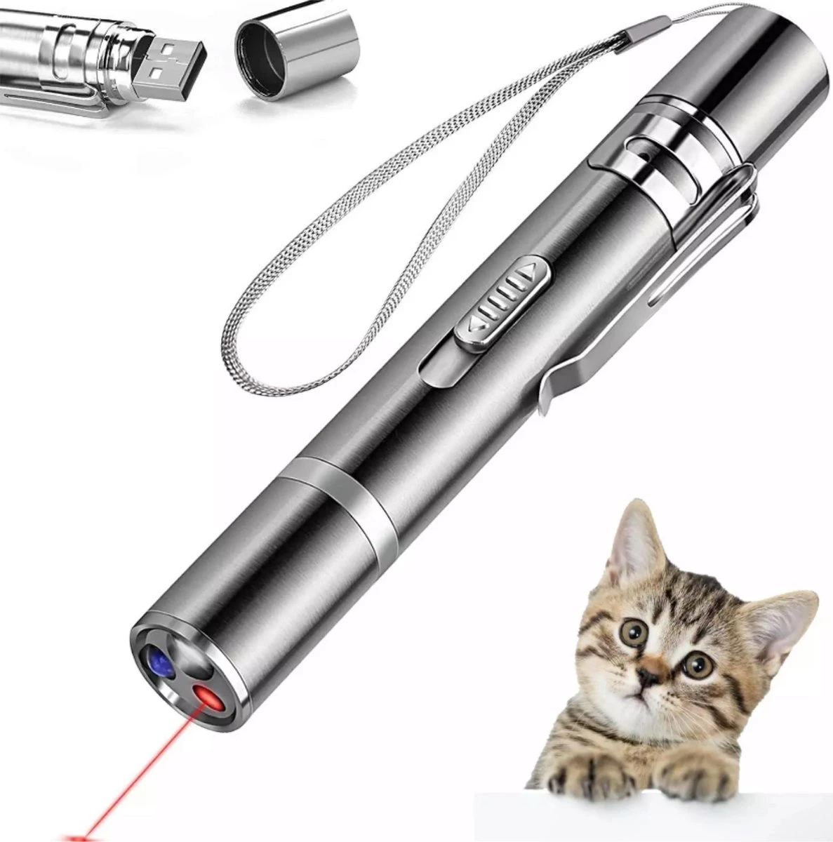 Merkloos Hoogwaardig Laserlampje Voor Katten | USB Oplaadbaar | 7 In 1 Laserpen | Laserpen | Zaklamp | Kattenspeeltje | Kattenspeelgoed | Zilver | Laserpointer Rood/groen | UV Licht 1 Merkloos Hoogwaardig Laserlampje Voor Katten | USB Oplaadbaar | 7 In 1 Laserpen | Laserpen | Zaklamp | Kattenspeeltje | Kattenspeelgoed | Zilver | Laserpointer Rood/groen | UV Licht