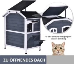PawHut Kattenhuis Voor Buiten Kattenhut Met 2 Verdiepingen Kattenvilla, Asfaltdak, Massief Hout Grijs D30-236 -Merkloos Winkel 1200x1026 1