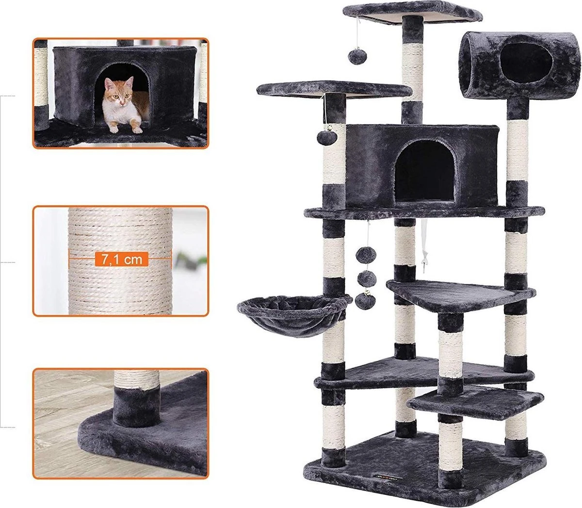 XXL Luxe Katten Krappaal Met Hangmat & Kattenhuisjes - Activity Center - Grote Krappaal Klimpaal - 165 CM Hoog - Grijs/Zwart 5 XXL Luxe Katten Krappaal Met Hangmat & Kattenhuisjes - Activity Center - Grote Krappaal Klimpaal - 165 CM Hoog - Grijs/Zwart - Afbeelding 5