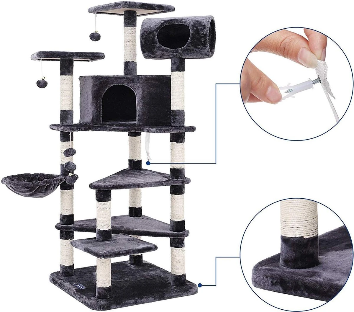 XXL Luxe Katten Krappaal Met Hangmat & Kattenhuisjes - Activity Center - Grote Krappaal Klimpaal - 165 CM Hoog - Grijs/Zwart 4 XXL Luxe Katten Krappaal Met Hangmat & Kattenhuisjes - Activity Center - Grote Krappaal Klimpaal - 165 CM Hoog - Grijs/Zwart - Afbeelding 4