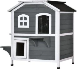 PawHut Kattenhuis Voor Buiten Kattenhut Met 2 Verdiepingen Kattenvilla, Asfaltdak, Massief Hout Grijs D30-236 -Merkloos Winkel 1200x1074 2