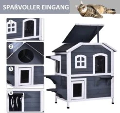 PawHut Kattenhuis Voor Buiten Kattenhut Met 2 Verdiepingen Kattenvilla, Asfaltdak, Massief Hout Grijs D30-236 -Merkloos Winkel 1200x1130 1
