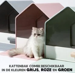 Kattenbak Villa Met Dubbele Voerbak En Kattenbakmat – Kat - Drinkbak – Modern En Stijlvol - Design - Groen -Merkloos Winkel 1200x1171