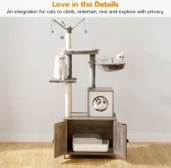 Signature Home Catty Krabpaal Met Kattenbak - Kattenbakkast - Kattenhuis Met Deur En Slot - Krabpalen Met Hangmat Mand Katten Huis - Kattenbakmeubel Verborgen - Alles-in-één Kattenspeelgoed Met Kattenhuis - Grijs - 60cm X 150cm X 48cm -Merkloos Winkel 1200x1176 2