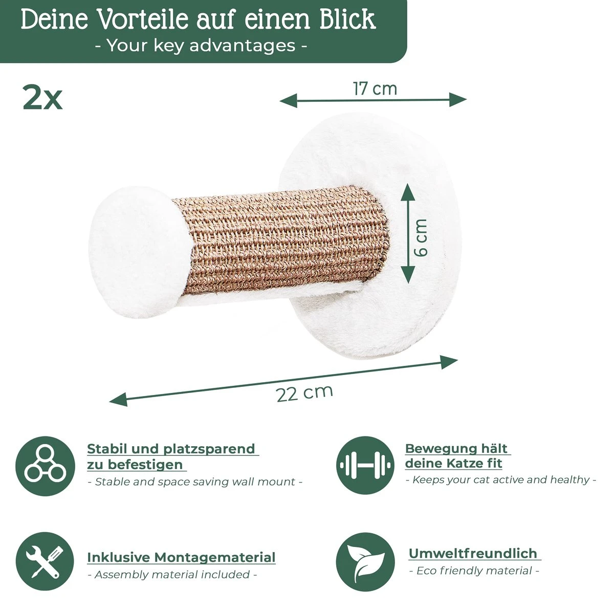 Pfotenolymp® Kattenklimwand - Wandmontage - 22 X 6 Cm - 2 Klimtreden Voor Klimlandschap - Klimboom - Klimwand Voor Katten Met Sisal 2 Pfotenolymp® Kattenklimwand - Wandmontage - 22 X 6 Cm - 2 Klimtreden Voor Klimlandschap - Klimboom - Klimwand Voor Katten Met Sisal - Afbeelding 2