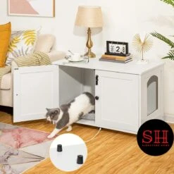 Merkloos Signature Home Wittykitty Kattenbak - Kattenkast - Kattenbakkast - Kattenhuis Met Deur En Aparte Scheidingswand - Kattenbak Opbergdoos - Wit - 80 X 54 X 50.5 Cm -Merkloos Winkel 1200x1200 376