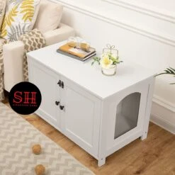 Merkloos Signature Home Wittykitty Kattenbak - Kattenkast - Kattenbakkast - Kattenhuis Met Deur En Aparte Scheidingswand - Kattenbak Opbergdoos - Wit - 80 X 54 X 50.5 Cm -Merkloos Winkel 1200x1200 380