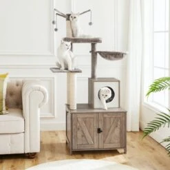 Signature Home Catty Krabpaal Met Kattenbak - Kattenbakkast - Kattenhuis Met Deur En Slot - Krabpalen Met Hangmat Mand Katten Huis - Kattenbakmeubel Verborgen - Alles-in-één Kattenspeelgoed Met Kattenhuis - Grijs - 60cm X 150cm X 48cm -Merkloos Winkel 1200x1200 386