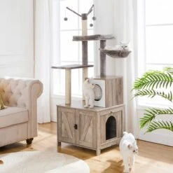 Signature Home Catty Krabpaal Met Kattenbak - Kattenbakkast - Kattenhuis Met Deur En Slot - Krabpalen Met Hangmat Mand Katten Huis - Kattenbakmeubel Verborgen - Alles-in-één Kattenspeelgoed Met Kattenhuis - Grijs - 60cm X 150cm X 48cm -Merkloos Winkel 1200x1200 387