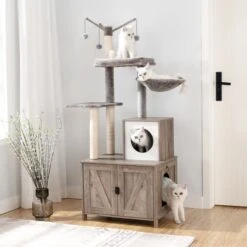 Signature Home Catty Krabpaal Met Kattenbak - Kattenbakkast - Kattenhuis Met Deur En Slot - Krabpalen Met Hangmat Mand Katten Huis - Kattenbakmeubel Verborgen - Alles-in-één Kattenspeelgoed Met Kattenhuis - Grijs - 60cm X 150cm X 48cm -Merkloos Winkel 1200x1200 389