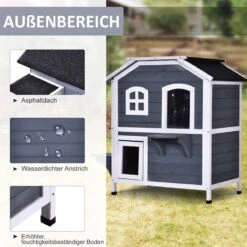 PawHut Kattenhuis Voor Buiten Kattenhut Met 2 Verdiepingen Kattenvilla, Asfaltdak, Massief Hout Grijs D30-236 -Merkloos Winkel 1200x1200 593