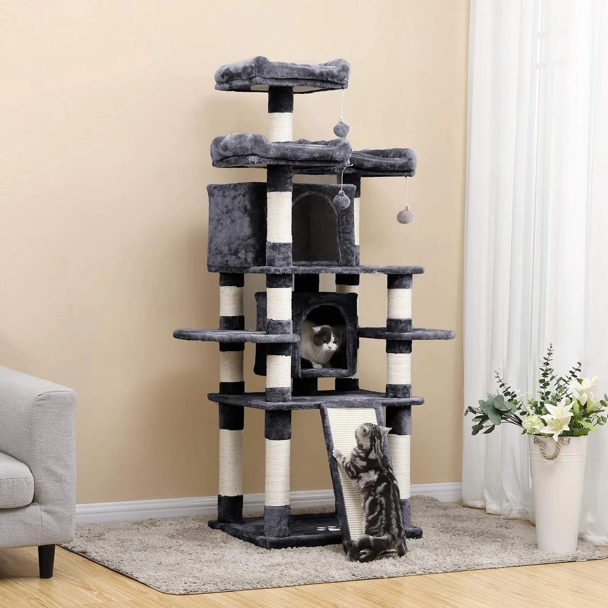 Grote Krabpaal, Krabpaal Met 3 Comfortabele Uitkijkplatforms, Kattenspeelgoed Met 2 Knuffelholen, Dikke Sisalpalen, Extra Krabplank, Stal, 172 Cm, Rookgrijs PCT18GYZ 6 Grote Krabpaal, Krabpaal Met 3 Comfortabele Uitkijkplatforms, Kattenspeelgoed Met 2 Knuffelholen, Dikke Sisalpalen, Extra Krabplank, Stal, 172 Cm, Rookgrijs PCT18GYZ - Afbeelding 6