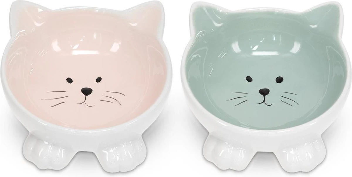 Navaris Voerbakjes Voor Katten - Set Van 2 Voer- En Waterbakken - Etensbak Van Keramiek - Met Antislip Voetjes - Kattenvorm - Roze/Groen 5 Navaris Voerbakjes Voor Katten - Set Van 2 Voer- En Waterbakken - Etensbak Van Keramiek - Met Antislip Voetjes - Kattenvorm - Roze/Groen - Afbeelding 5