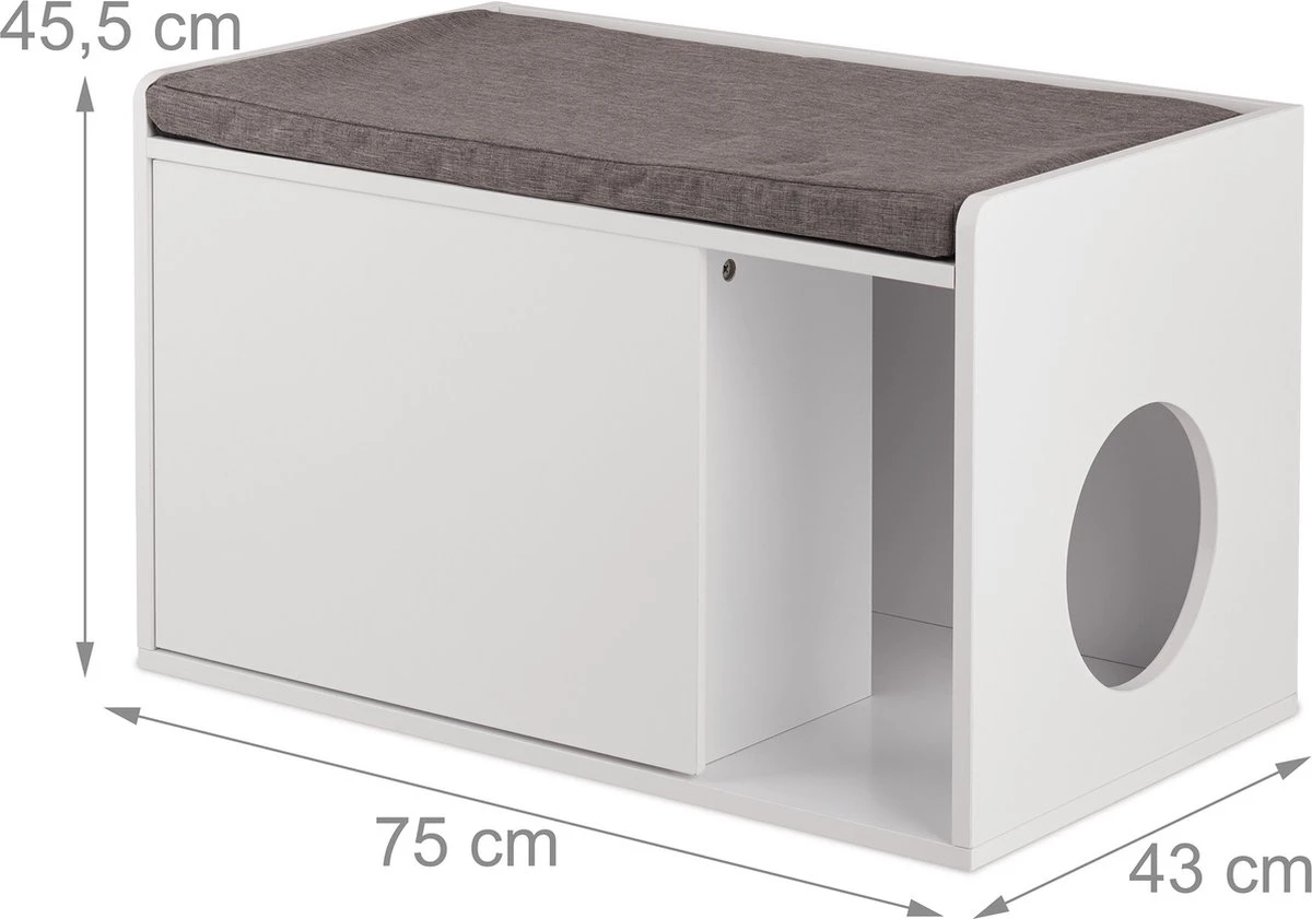 Relaxdays Kattenbak Ombouw - Met Zitkussen - Kattenhuis Wit - Kattenmeubel - Kattenkast 7 Relaxdays Kattenbak Ombouw - Met Zitkussen - Kattenhuis Wit - Kattenmeubel - Kattenkast - Afbeelding 7
