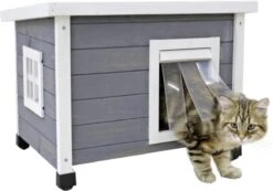 Merkloos Rexa® Kattenhuisje Van Dennenhout Wit/grijs 57x45x43cm | Kattenmand Voor Buiten Of In Huis | Beschermt Kat Tegen Kou En Geeft Veilig Gevoel | Makkelijke Ingang | Hoogwaardig Hout | Kattenbak | Katten Huis