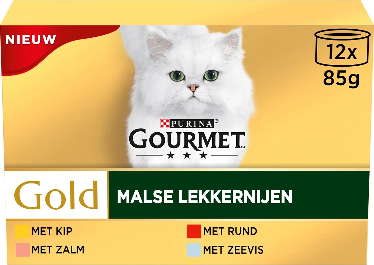 Gourmet Gold Malse Lekkernijen – Kattenvoer Natvoer - Met Kip, Zalm, Rund, Zeevis – 48 X 85 Gr 1 Gourmet Gold Malse Lekkernijen – Kattenvoer Natvoer - Met Kip, Zalm, Rund, Zeevis – 48 X 85 Gr