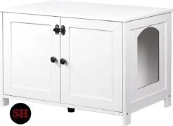 Merkloos Signature Home Wittykitty Kattenbak - Kattenkast - Kattenbakkast - Kattenhuis Met Deur En Aparte Scheidingswand - Kattenbak Opbergdoos - Wit - 80 X 54 X 50.5 Cm