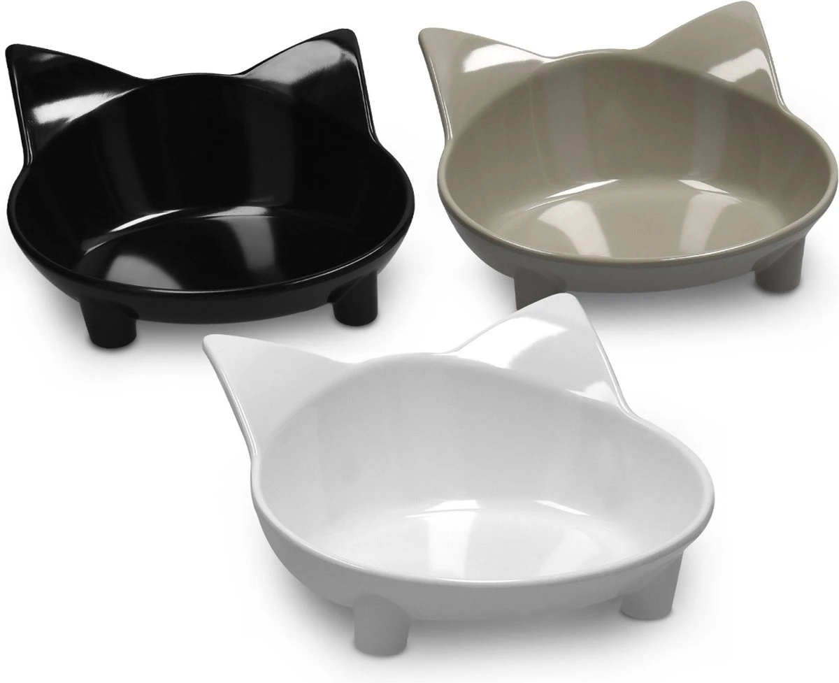 Navaris Voerbakjes Voor Katten - Set Van 3 Voer- En Waterbakken - Met Kattenkopjes Vorm - Antislip - Etensbakjes In Grijs, Wit En Zwart 5 Navaris Voerbakjes Voor Katten - Set Van 3 Voer- En Waterbakken - Met Kattenkopjes Vorm - Antislip - Etensbakjes In Grijs, Wit En Zwart - Afbeelding 5