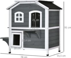 PawHut Kattenhuis Voor Buiten Kattenhut Met 2 Verdiepingen Kattenvilla, Asfaltdak, Massief Hout Grijs D30-236 -Merkloos Winkel 1200x983 2