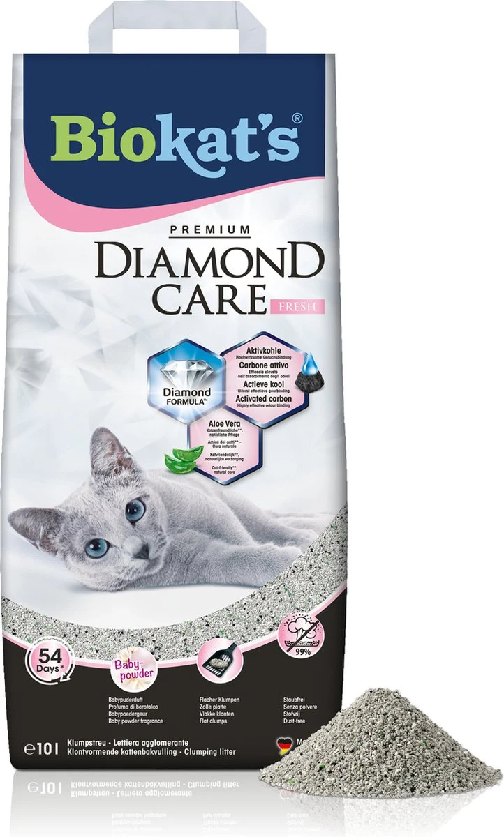 Biokat's Diamond Care Fresh - 10 L - Kattenbakvulling - Klontvormend - Babypoeder Geur - Aktieve Kool 1 Biokat's Diamond Care Fresh - 10 L - Kattenbakvulling - Klontvormend - Babypoeder Geur - Aktieve Kool