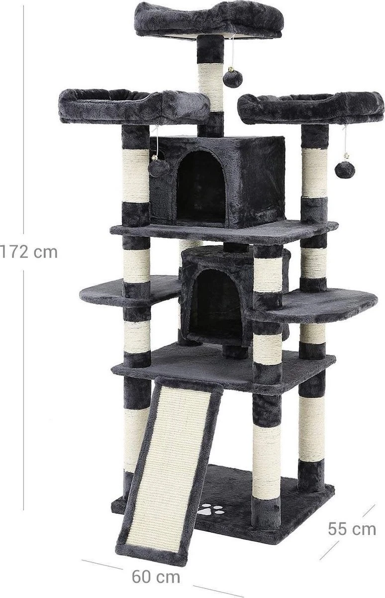 Grote Krabpaal, Krabpaal Met 3 Comfortabele Uitkijkplatforms, Kattenspeelgoed Met 2 Knuffelholen, Dikke Sisalpalen, Extra Krabplank, Stal, 172 Cm, Rookgrijs PCT18GYZ 5 Grote Krabpaal, Krabpaal Met 3 Comfortabele Uitkijkplatforms, Kattenspeelgoed Met 2 Knuffelholen, Dikke Sisalpalen, Extra Krabplank, Stal, 172 Cm, Rookgrijs PCT18GYZ - Afbeelding 5