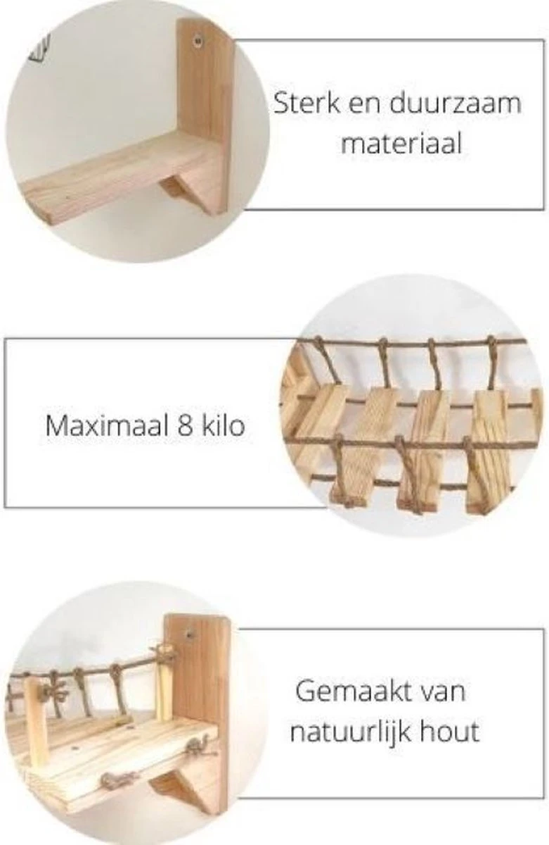 Be-Inspired® Houten Katten Brug – Katten Klimwand – Katten Klimmuur – Katten Muur – Katten Klim Plankjes – Huisdier – Hangmat – Wandmeubel Kat – Wandmontage – Duurzaam – 90 Cm 3 Be-Inspired® Houten Katten Brug – Katten Klimwand – Katten Klimmuur – Katten Muur – Katten Klim Plankjes – Huisdier – Hangmat – Wandmeubel Kat – Wandmontage – Duurzaam – 90 Cm - Afbeelding 3