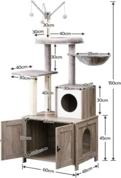 Signature Home Catty Krabpaal Met Kattenbak - Kattenbakkast - Kattenhuis Met Deur En Slot - Krabpalen Met Hangmat Mand Katten Huis - Kattenbakmeubel Verborgen - Alles-in-één Kattenspeelgoed Met Kattenhuis - Grijs - 60cm X 150cm X 48cm -Merkloos Winkel 814x1200 3