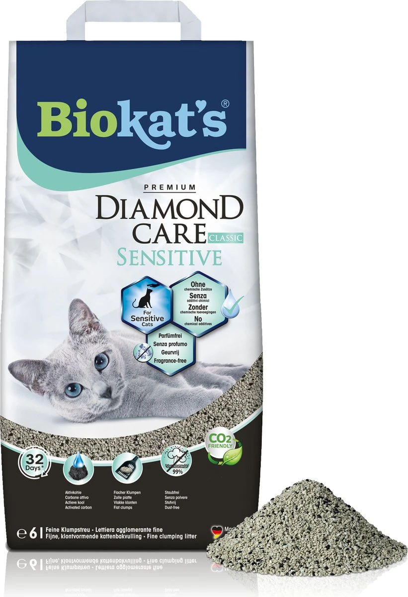 Biokat's Diamond Care Sensitive Classic - 6 L - Kattenbakvulling - Klontvormende - Zonder Geur - Aktieve Kool - Voor Gevoelige Katten 1 Biokat's Diamond Care Sensitive Classic - 6 L - Kattenbakvulling - Klontvormende - Zonder Geur - Aktieve Kool - Voor Gevoelige Katten