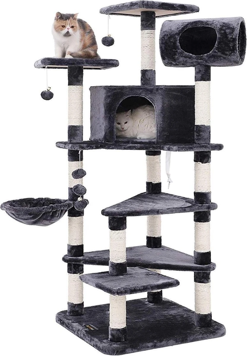 XXL Luxe Katten Krappaal Met Hangmat & Kattenhuisjes - Activity Center - Grote Krappaal Klimpaal - 165 CM Hoog - Grijs/Zwart 6 XXL Luxe Katten Krappaal Met Hangmat & Kattenhuisjes - Activity Center - Grote Krappaal Klimpaal - 165 CM Hoog - Grijs/Zwart - Afbeelding 6