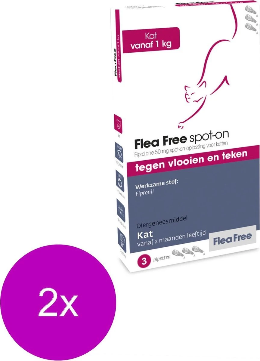Flea Free Fipralone Spot-On Kat - Anti Vlooien En Tekenmiddel - 2 X 3 Pip 2 Flea Free Fipralone Spot-On Kat - Anti Vlooien En Tekenmiddel - 2 X 3 Pip - Afbeelding 2